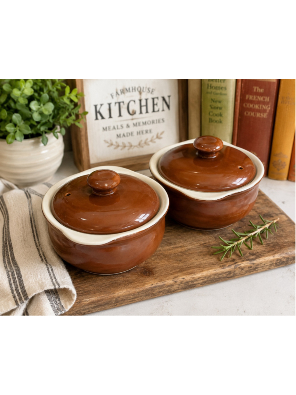 Vintage Hall USA Brown Cream Stoneware Individual Casserole Crocks Lids Set 2